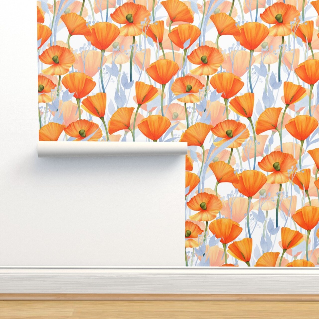 Orange Watercolor Poppy Flower California Poppies Floral Summer Custom Removable Wallpaper by Spoonflower Peel & Stick Wallpaper 2FT Wide